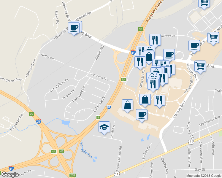 map of restaurants, bars, coffee shops, grocery stores, and more near 11309 Lakeside Dr in Hagerstown