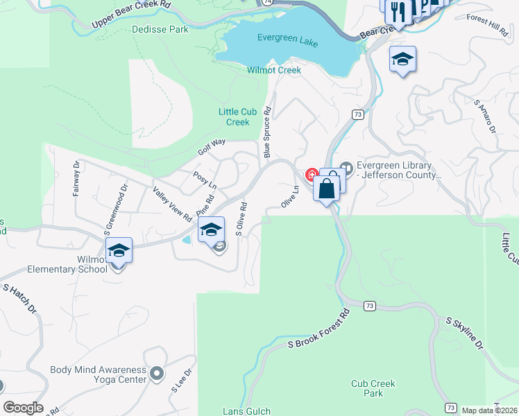 map of restaurants, bars, coffee shops, grocery stores, and more near 5091 South Olive Road in Evergreen