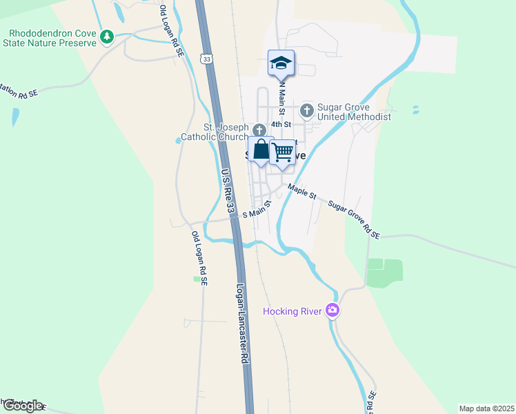 map of restaurants, bars, coffee shops, grocery stores, and more near 207 Elm Street in Sugar Grove