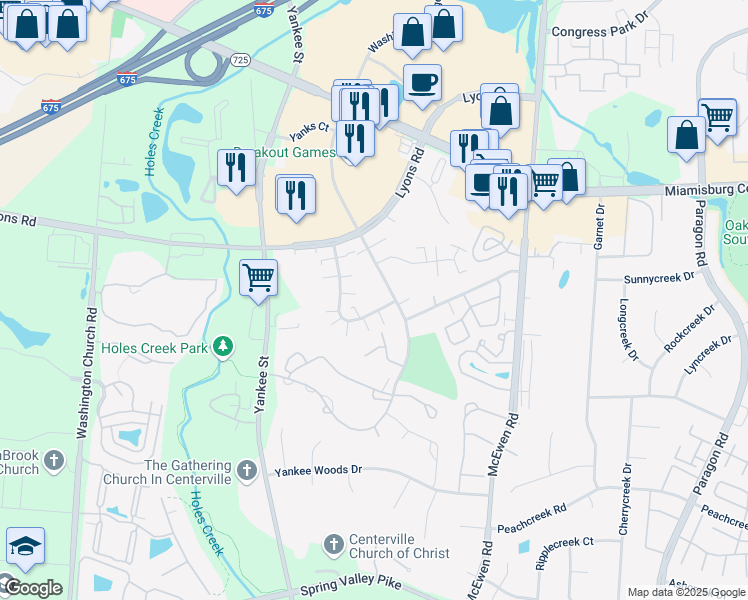 map of restaurants, bars, coffee shops, grocery stores, and more near 8490 Woodgrove Drive in Dayton