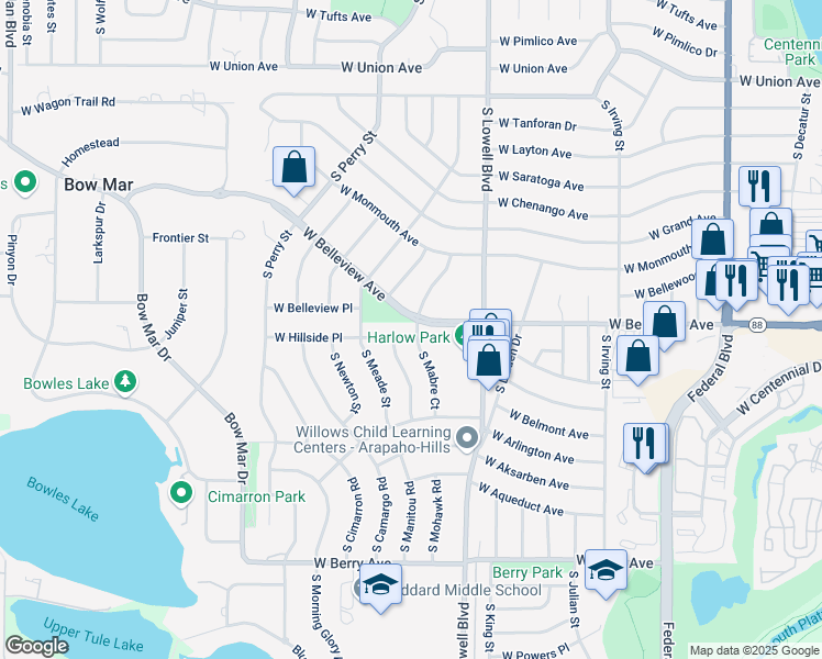 map of restaurants, bars, coffee shops, grocery stores, and more near 3809 West Hillside Place in Littleton