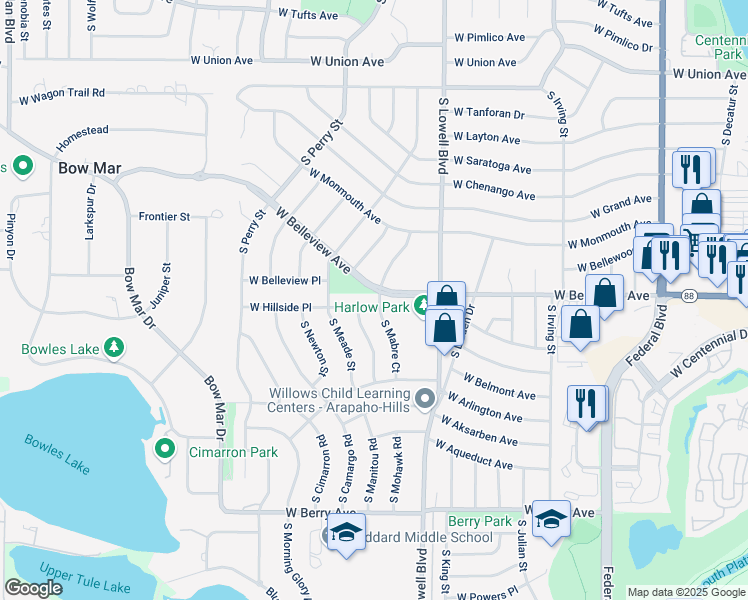 map of restaurants, bars, coffee shops, grocery stores, and more near 3809 West Hillside Place in Littleton