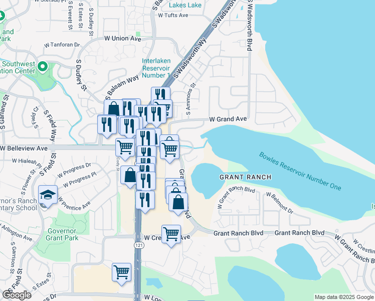 map of restaurants, bars, coffee shops, grocery stores, and more near 5085 South Allison Way in Littleton