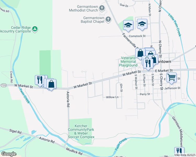 map of restaurants, bars, coffee shops, grocery stores, and more near 628 West Market Street in Germantown