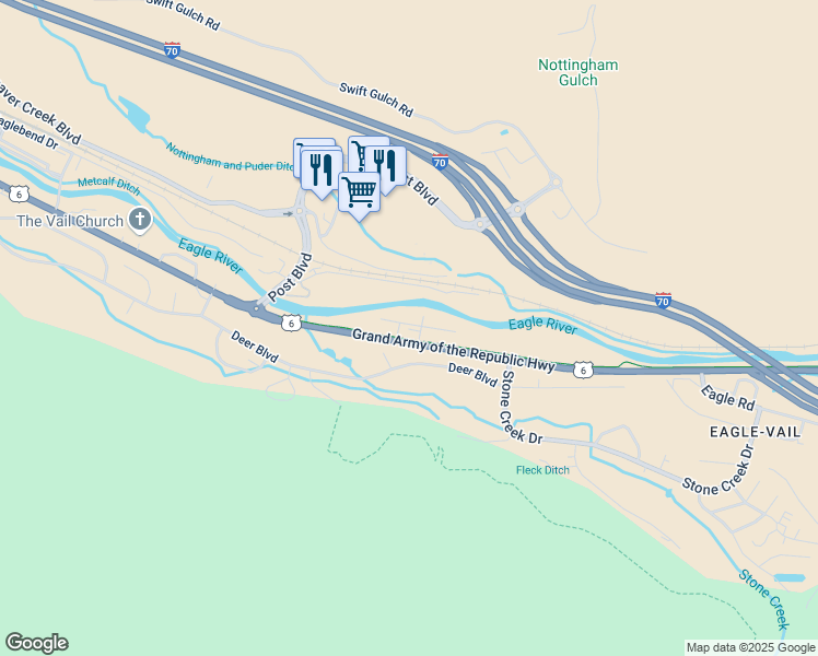 map of restaurants, bars, coffee shops, grocery stores, and more near 90 Riverside Court in Avon