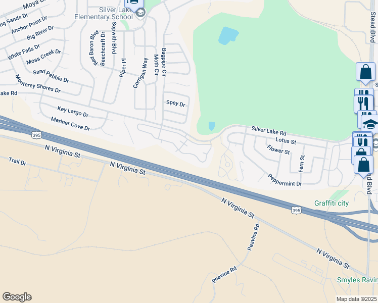 map of restaurants, bars, coffee shops, grocery stores, and more near 7350 Silver Lake Road in Reno