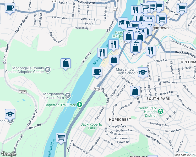 map of restaurants, bars, coffee shops, grocery stores, and more near Two WaterFront Place in Morgantown