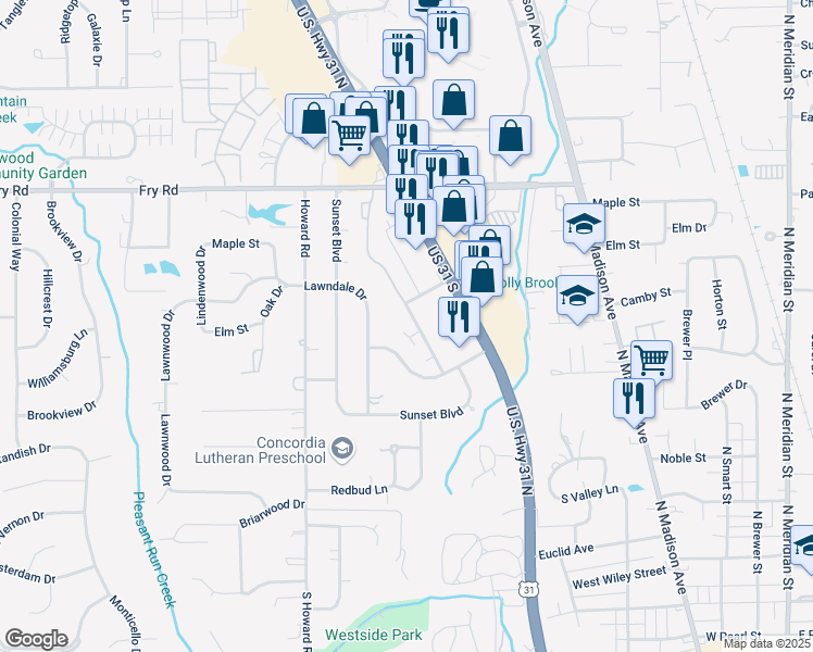 map of restaurants, bars, coffee shops, grocery stores, and more near 628 Wooddale Terrace in Greenwood