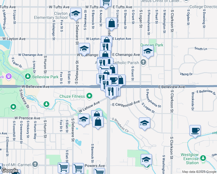 map of restaurants, bars, coffee shops, grocery stores, and more near S Broadway & W Belleview Ave in Englewood