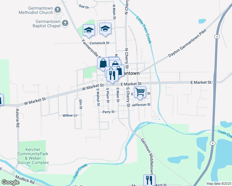 map of restaurants, bars, coffee shops, grocery stores, and more near 49 South Main Street in Germantown