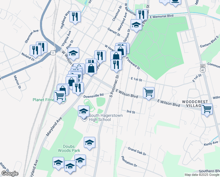 map of restaurants, bars, coffee shops, grocery stores, and more near 9 West Wilson Boulevard in Hagerstown