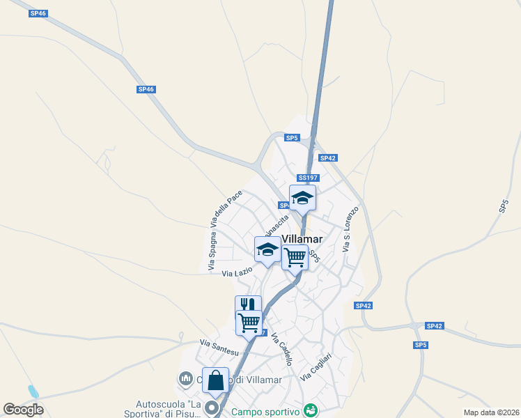 map of restaurants, bars, coffee shops, grocery stores, and more near 10 Via dell'Alleanza in Villamar