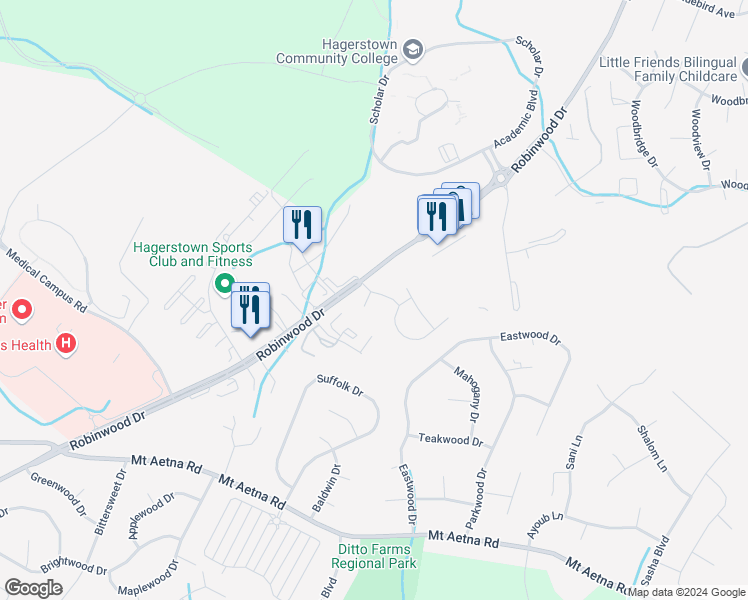 map of restaurants, bars, coffee shops, grocery stores, and more near 11239 Cristins Circle in Hagerstown