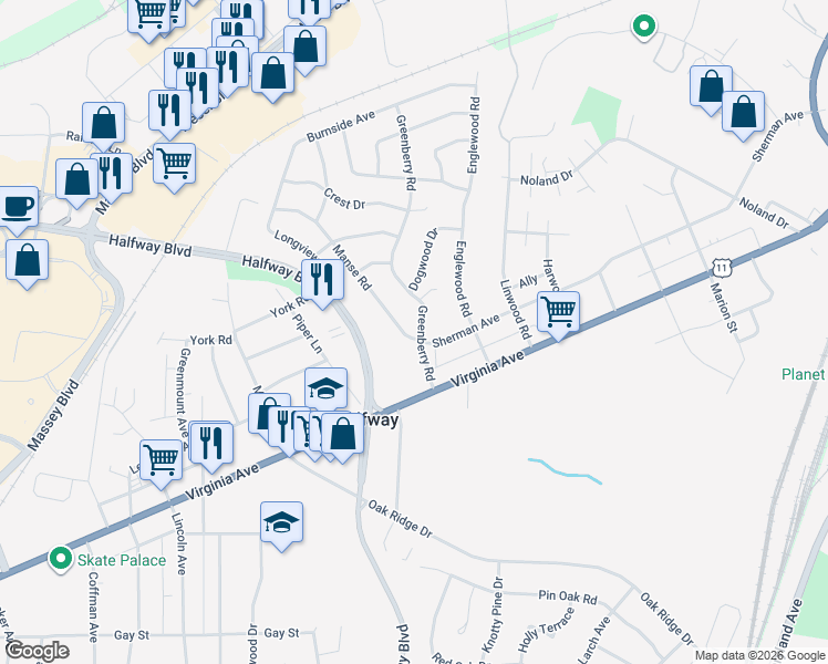 map of restaurants, bars, coffee shops, grocery stores, and more near 11305 Manse Road in Hagerstown