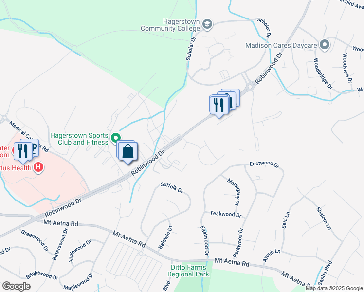 map of restaurants, bars, coffee shops, grocery stores, and more near 11236 Cristins Circle in Hagerstown