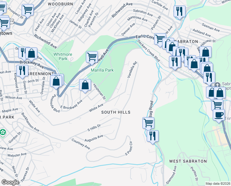 map of restaurants, bars, coffee shops, grocery stores, and more near 702 Park Side Lane in Morgantown