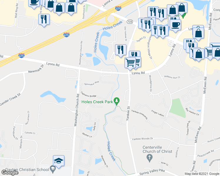 map of restaurants, bars, coffee shops, grocery stores, and more near 1154 Captains Bridge in Dayton