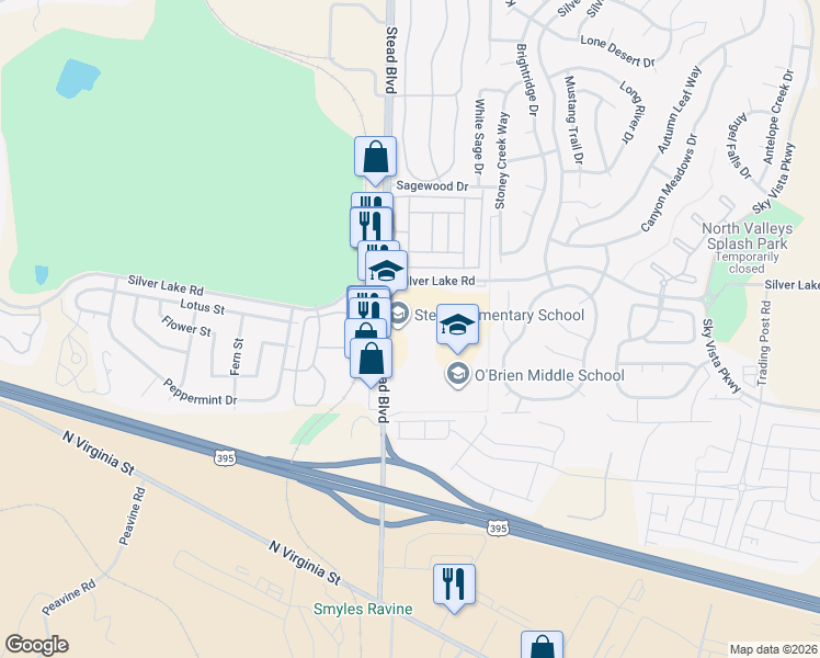 map of restaurants, bars, coffee shops, grocery stores, and more near 10580 Stead Boulevard in Reno