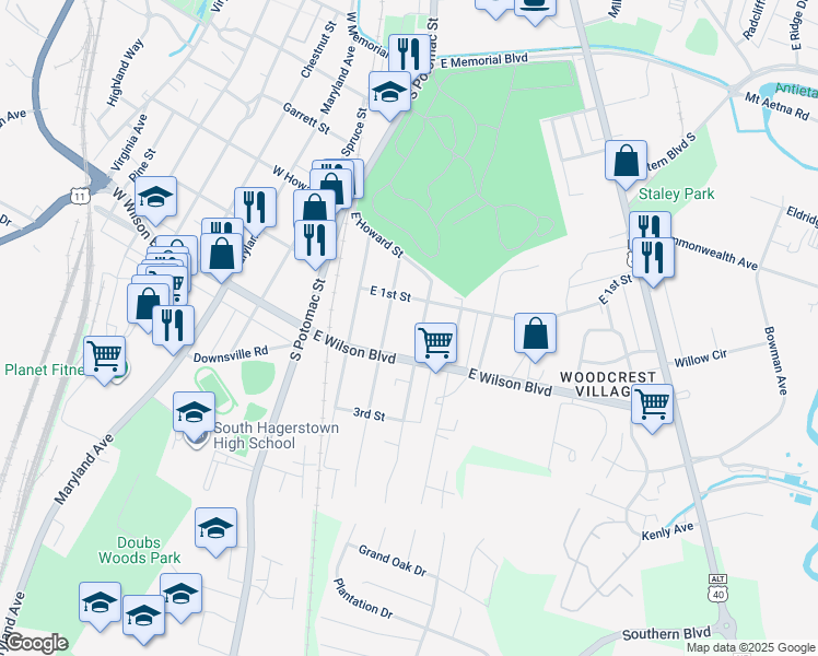 map of restaurants, bars, coffee shops, grocery stores, and more near 923 Rose Hill Avenue in Hagerstown