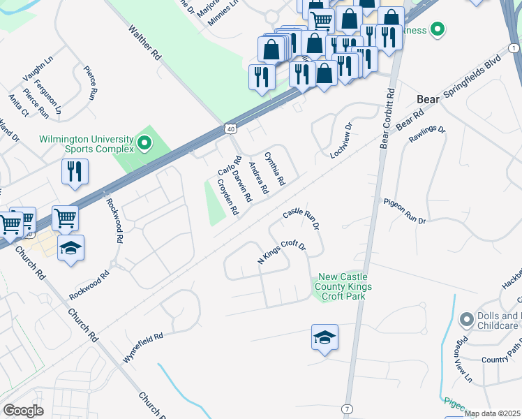 map of restaurants, bars, coffee shops, grocery stores, and more near 6 West Clairmont Drive in Newark