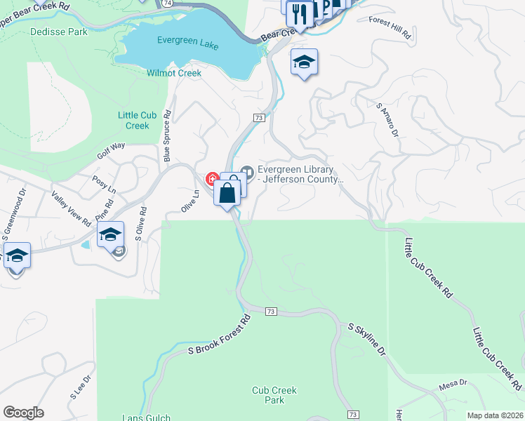 map of restaurants, bars, coffee shops, grocery stores, and more near 5076 Camel Heights Road in Evergreen