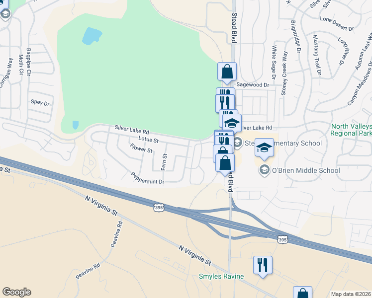 map of restaurants, bars, coffee shops, grocery stores, and more near 6420 Lotus Street in Reno