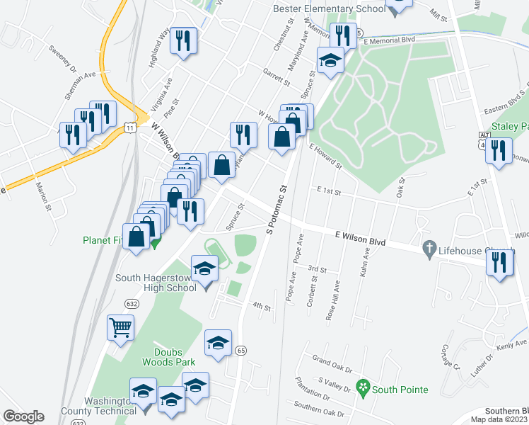 map of restaurants, bars, coffee shops, grocery stores, and more near 11 West Wilson Boulevard in Hagerstown