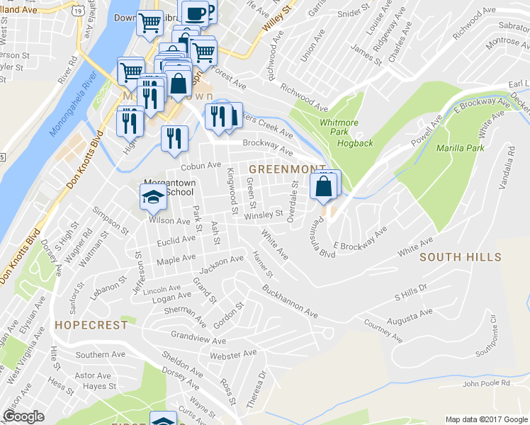 map of restaurants, bars, coffee shops, grocery stores, and more near 455 Winsley Street in Morgantown