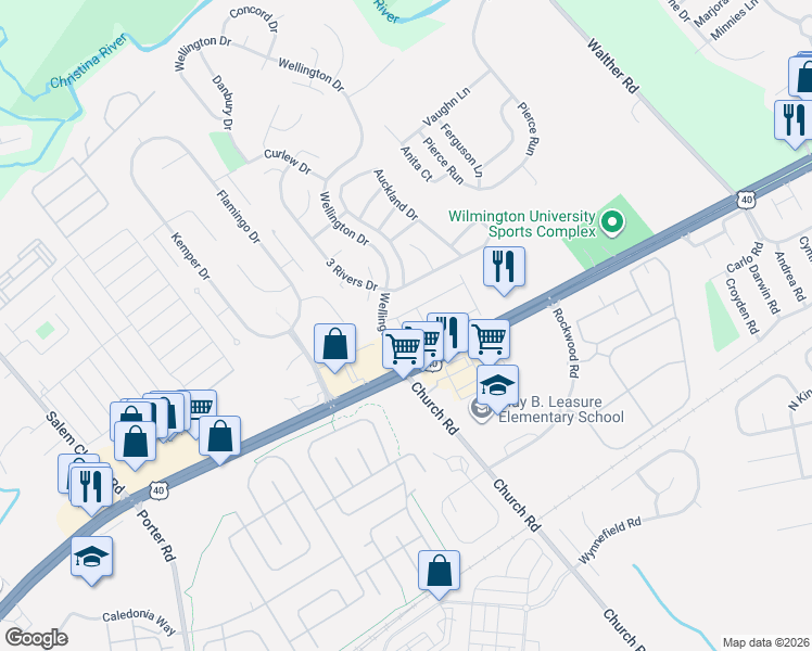 map of restaurants, bars, coffee shops, grocery stores, and more near 207 Finch Way in Newark
