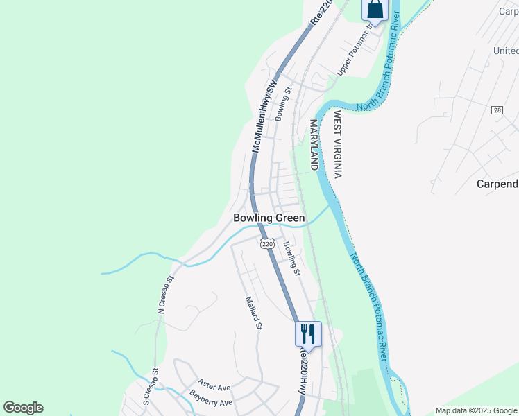 map of restaurants, bars, coffee shops, grocery stores, and more near 12510 McMullen Highway Southwest in Cumberland