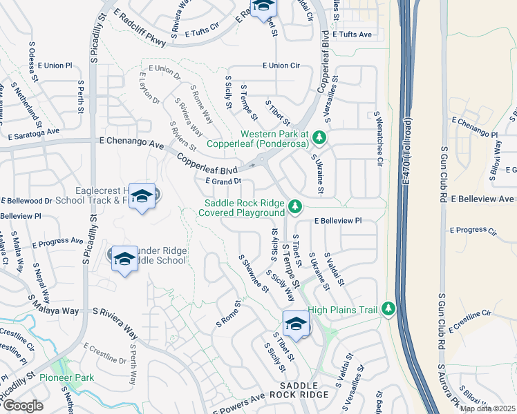 map of restaurants, bars, coffee shops, grocery stores, and more near 22262 East Bellewood Place in Aurora