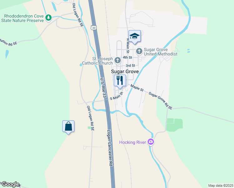 map of restaurants, bars, coffee shops, grocery stores, and more near 207 Elm Street in Sugar Grove