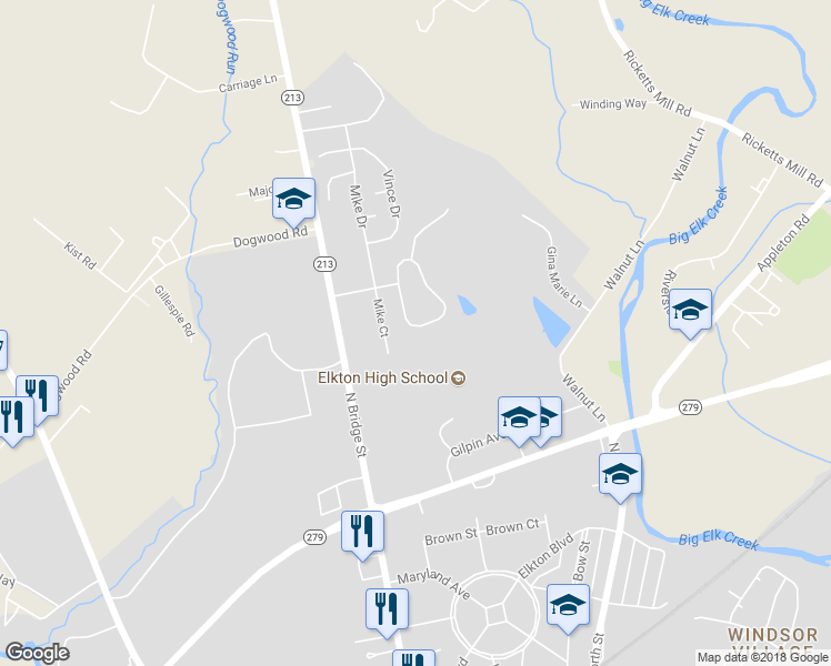 map of restaurants, bars, coffee shops, grocery stores, and more near 20 Jesse Boyd Circle in Elkton