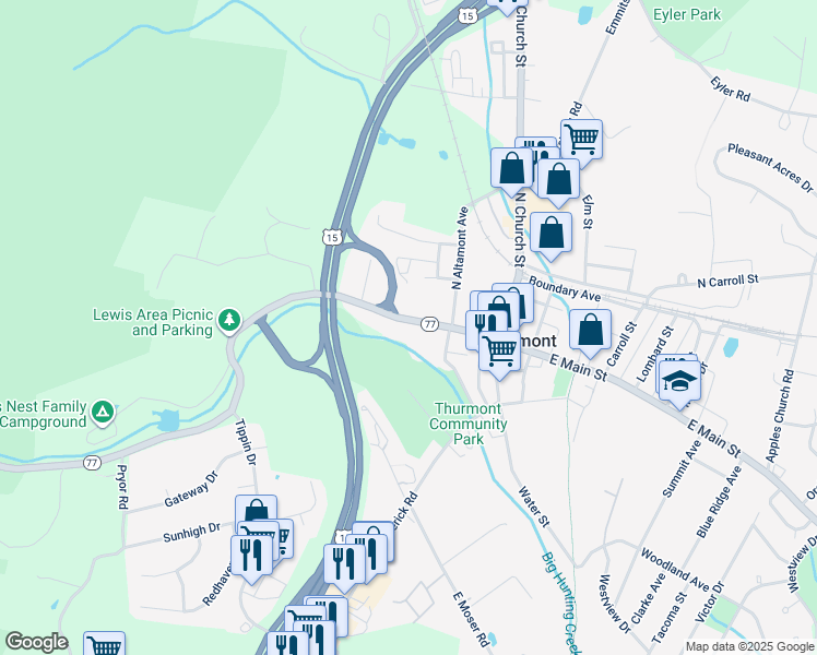 map of restaurants, bars, coffee shops, grocery stores, and more near 124 West Main Street in Thurmont