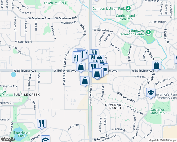 map of restaurants, bars, coffee shops, grocery stores, and more near 10106 W Belleview Ave in Littleton
