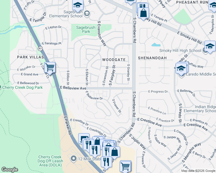 map of restaurants, bars, coffee shops, grocery stores, and more near 5098 South Fairplay Street in Aurora