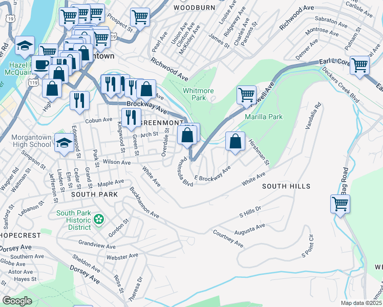 map of restaurants, bars, coffee shops, grocery stores, and more near 98 Rogers Avenue in Morgantown