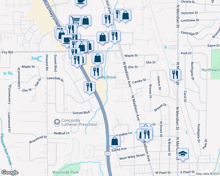 map of restaurants, bars, coffee shops, grocery stores, and more near 781 Riverside Drive in Greenwood