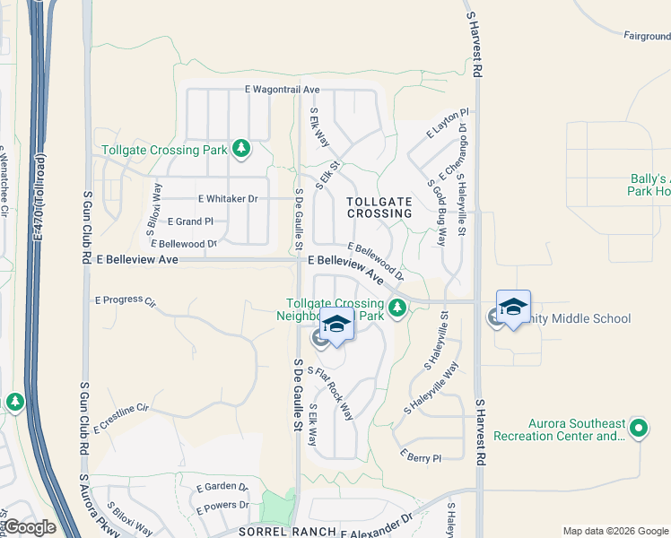 map of restaurants, bars, coffee shops, grocery stores, and more near 24307 East Belleview Place in Aurora