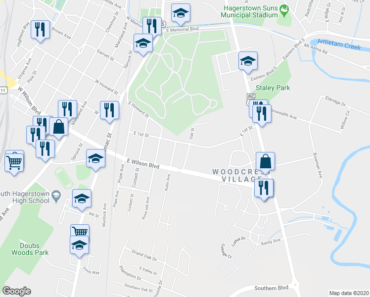 map of restaurants, bars, coffee shops, grocery stores, and more near 907 Oak Street in Hagerstown