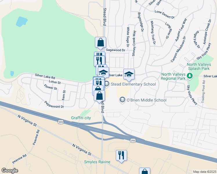 map of restaurants, bars, coffee shops, grocery stores, and more near 10500 Stead Boulevard in Reno