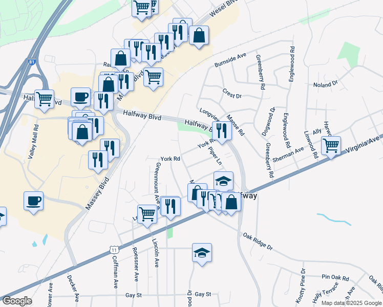 map of restaurants, bars, coffee shops, grocery stores, and more near 17539 York Road in Hagerstown