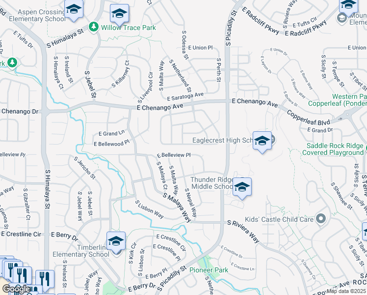 map of restaurants, bars, coffee shops, grocery stores, and more near 21210 East Bellewood Drive in Centennial