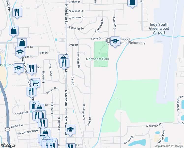 map of restaurants, bars, coffee shops, grocery stores, and more near 521 Park Drive in Greenwood