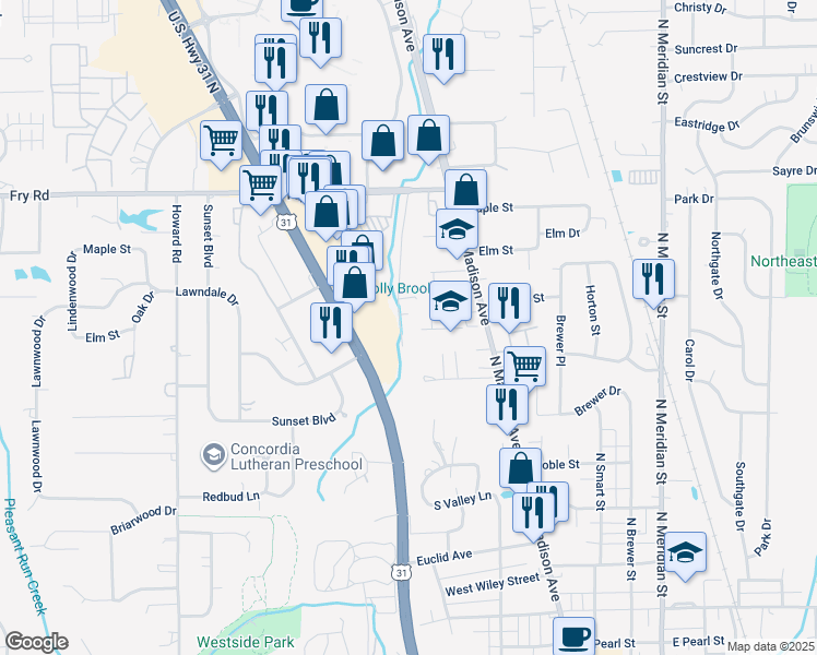 map of restaurants, bars, coffee shops, grocery stores, and more near 781 Riverside Drive in Greenwood