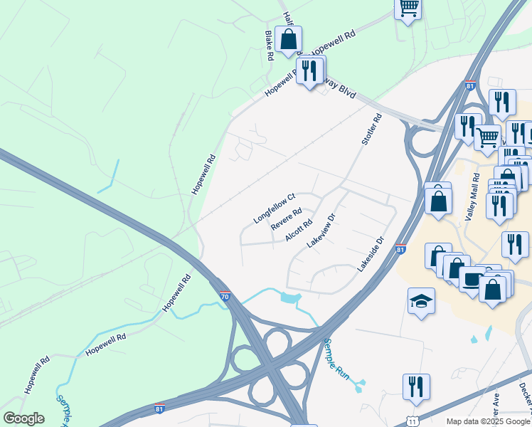 map of restaurants, bars, coffee shops, grocery stores, and more near 16906 Longfellow Court in Hagerstown