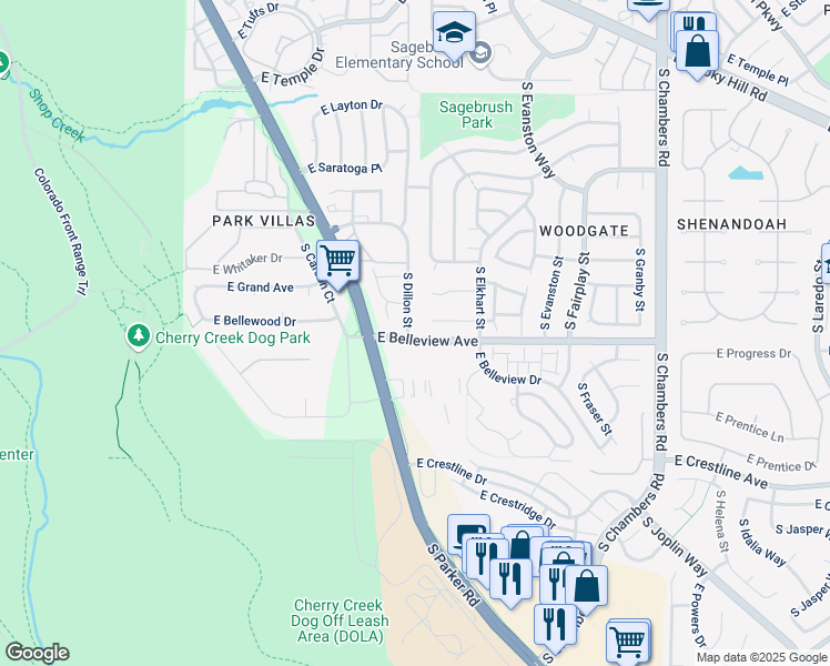 map of restaurants, bars, coffee shops, grocery stores, and more near 5088 South Dillon Street in Aurora