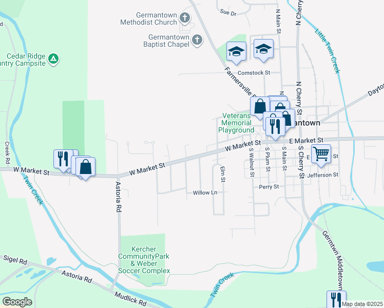 map of restaurants, bars, coffee shops, grocery stores, and more near 520 Ohio 725 in Germantown