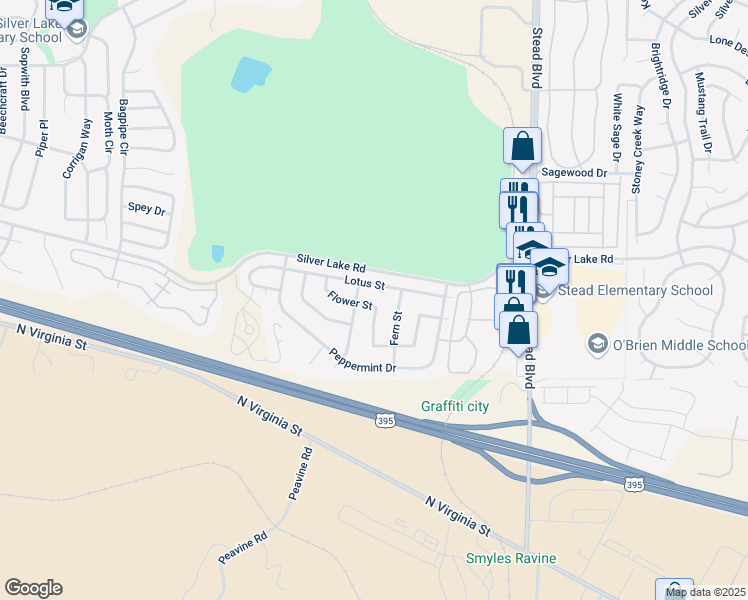 map of restaurants, bars, coffee shops, grocery stores, and more near 6815 Flower Street in Reno