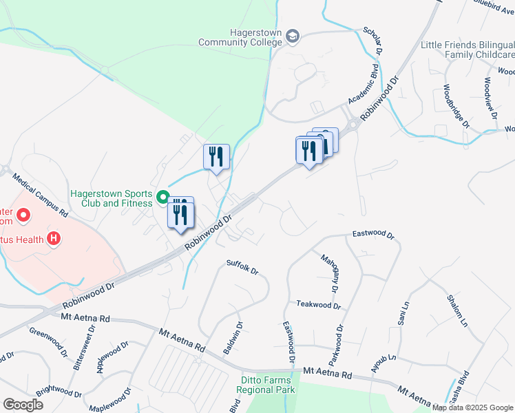 map of restaurants, bars, coffee shops, grocery stores, and more near 11240 Cristins Circle in Hagerstown